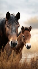 Close bond between a mare and her foal in a grassy field during golden hour light