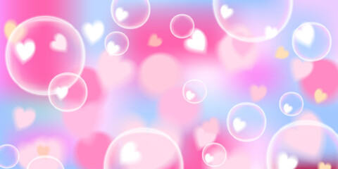 A soft cornflower blue and pastel pink gradient background with floating heart bubbles in a dreamy bokeh effect. This elegant and whimsical digital artwork is great for romantic themes, fantasy
