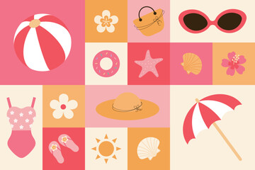 Modern geometric poster with beach ball,summer accessories, beach umbrella  on colourful background. Summer ornament. Abstract decorations. Simple flat style. Minimalistic style. Vector illustration.