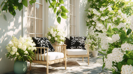 Vintage Garden Terrace with Black and White Cushions, Twin Armchairs, Rural Patio Design and Greenery for Outdoor Relaxation.