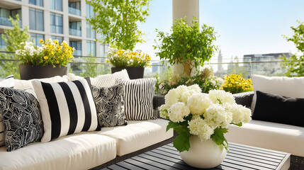 Modern Rooftop Terrace with Black and White Cushions, Sofa, Potted Greenery and City View, Elegant Outdoor Lounge.