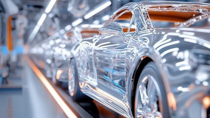 Fototapeta premium Robotic arms assembling sleek silver car frame in high-tech automotive factory with ambient lighting. Robotics and automation