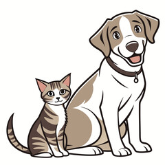 Cartoon illustration of a dog and cat on white background