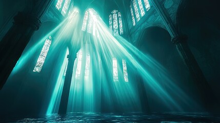 Intense light beams illuminating a gothic interior space.