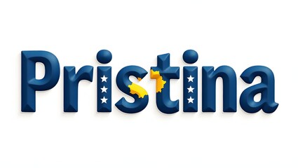The word "Pristina" in bold letters featuring the blue, yellow, and white colors of the Kosovo flag, with subtle stars and map details. Flat vector style on white background, ideal for editorial or tr