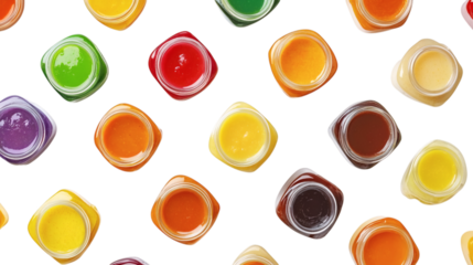 Organic baby food jars with pureed fruits and vegetables isolated on transparent background 