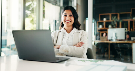 Portrait, arms crossed or happy businessman with laptop for budget savings, auditing or finance...