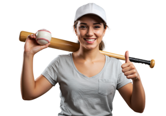 Photo of smiling woman with baseball bat over her shoulder gives a thumbs up