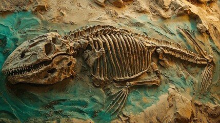 Fossil of an extinct marine reptile in rock.