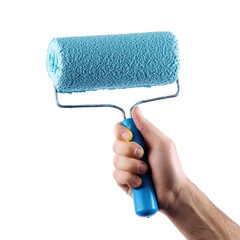 hand holding paint roller white and transparent background