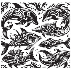 Stylized Black and White Dolphin Shark and Fish Designs