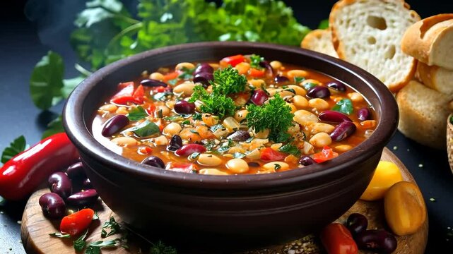 Steaming bean soup with fresh herbs and bread