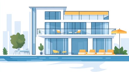 Modern two-story house with pool, balconies, and outdoor furniture, situated by a cityscape