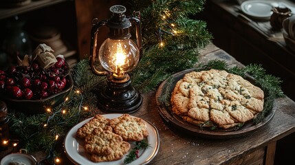 Fototapeta premium Festive Christmas table with baked goods and a vintage lantern