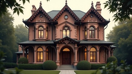 Grand victorian mansion at dusk with lush landscaping