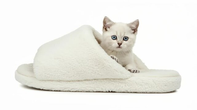 Cute Kitten Portrait Series: White British Shorthair Playing in a Fluffy White Slipper