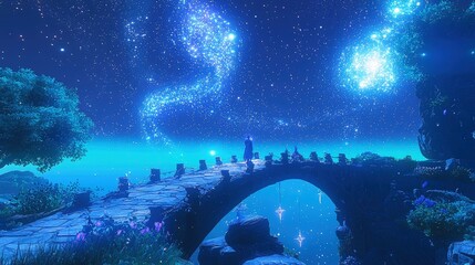 A mystical, otherworldly landscape under a starlit night sky.