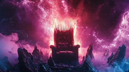 Fiery throne amidst a vibrant cosmic backdrop.