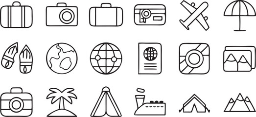 Travel and Tourism Icon Set Solid Black Vector with Suitcase Passport Elements