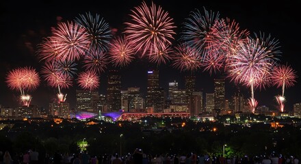 Fireworks display over city skyline at night