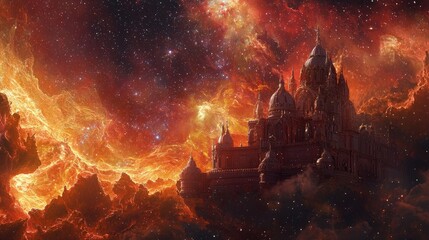Fiery cosmic palace floating amidst celestial flames.