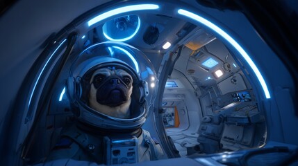 The pug-dog in a futuristic spaceship cockpit,  wearing a detailed astronaut suit and helmet. The sci-fi interior glows with blue lights, creating a dramatic and imaginative space adventure scene.