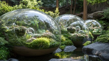 Transparent orbs house miniature ecosystems of lush greenery.