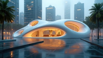 Futuristic white building in modern city at dusk