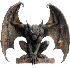 a detailed statue of a gargoyle, a mythical creature often associated with Gothic architecture. The gargoyle has bat-like wings spread wide, sharp claws gripping the base it stands on