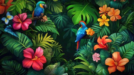 Colorful Tropical Paradise with Birds and Vibrant Flowers in Lush Green Foliage and Exotic Plants
