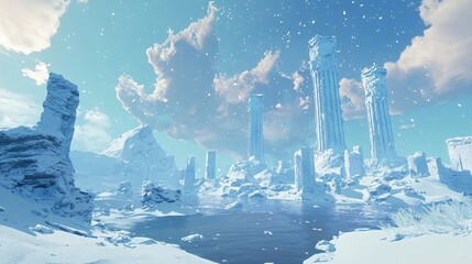 Frozen ruins in a winter wonderland landscape.