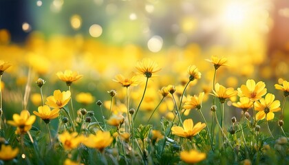 Fototapeta premium field of yellow wildflowers swaying in the breeze springtime meadow of flowers and grass in vibrant colors focus on yellow flower with a bokeh of greenery and yellow flowers background