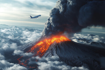 Volcanic ash cloud and glowing magmatic plume interrupting air traffic, airplane visible in distance, environmental concept.