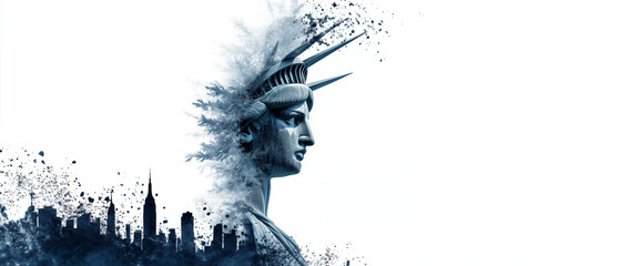 halfly frozen profile of liberty statue isolated over white background; concept of american politics, news, us national patriotic days like independent, 4th of july, veteran; urban scenery