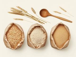 Overhead view of three brown paper bags filled with different wheat and grain flour, with wooden spoons, a bowl of rye and an empty bag on a white background for packaging design mockup.