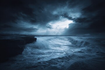Obraz premium Stormy coastal cliffs in cinematic lighting with crashing waves 