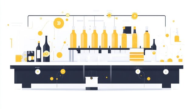 An illustration depicts a stylized bottling and packaging line for beverages, showcasing the process from filling to labeling, with a minimalist design featuring a dark table and yellow-gold bottles