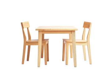 Wooden Square Dining Table with Two Chairs Isolated on White Background