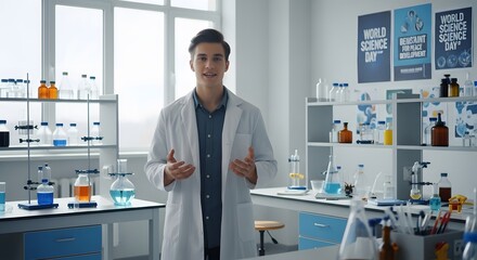 Smiling young scientist presents in a well-equipped laboratory, showcasing scientific equipment and World Science Day posters.