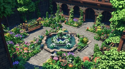 A meticulously detailed, sun-drenched courtyard garden.