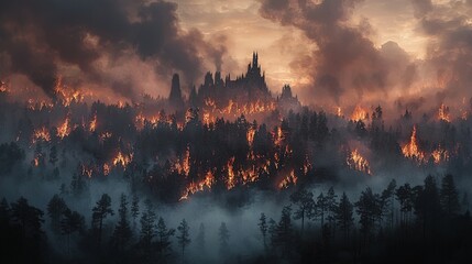 Burning forest landscape at dawn, dramatic scene.