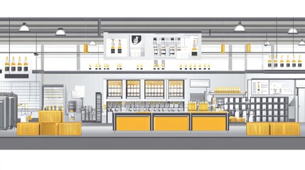A detailed illustration of a spacious liquor store interior, featuring extensive shelving stocked with various bottles, a central counter with yellow accents, and packaging in the background