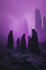 Dark figures stand among tall structures in a foggy purple landscape.
