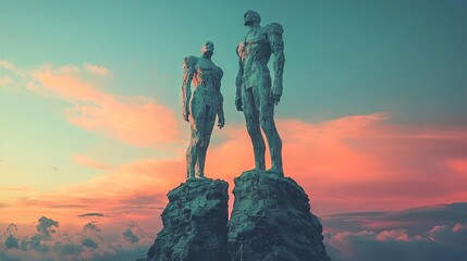 Two sculpted figures stand tall on rocky peaks at sunset.