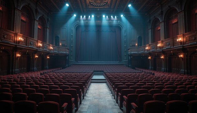 Empty theater auditorium with rows of red seats.