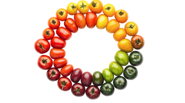 Overhead composition of multicolored heirloom tomatoes arranged in a circular rainbow pattern isolated on transparent background  - Powered by Adobe