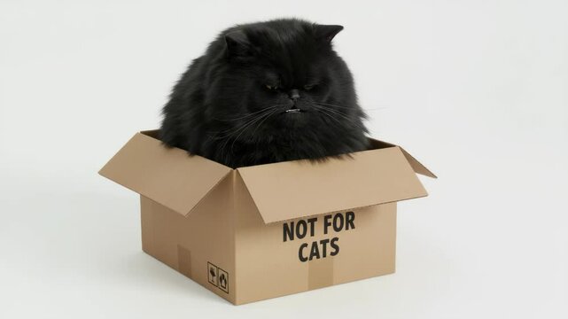 Humorous paradox: Black persian cat comfortably sits in a box labeled 'Not for Cats'
