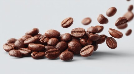 Roasted coffee beans cascading from a pile onto a light gray surface, some mid-air, showcasing rich brown tones and textures