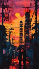 Couple under umbrella near buildings at sunset or sunrise with power lines.