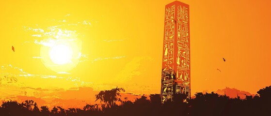 Tall building silhouette against a bright orange sunset sky landscape.